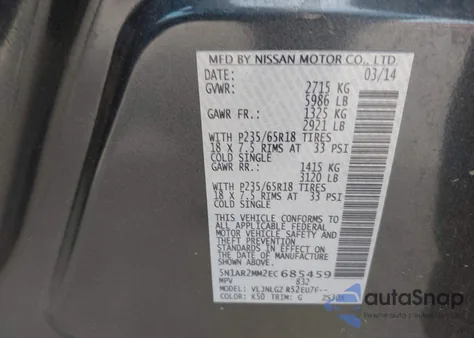 2014 Nissan Pathfinder Sl from USA, damaged, VIN 5N1AR2MM2EC685459